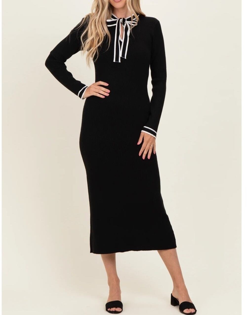 ABLE Black Long Sleeve Sweater Midi Dress White Contrast Trim Bow Neck Size